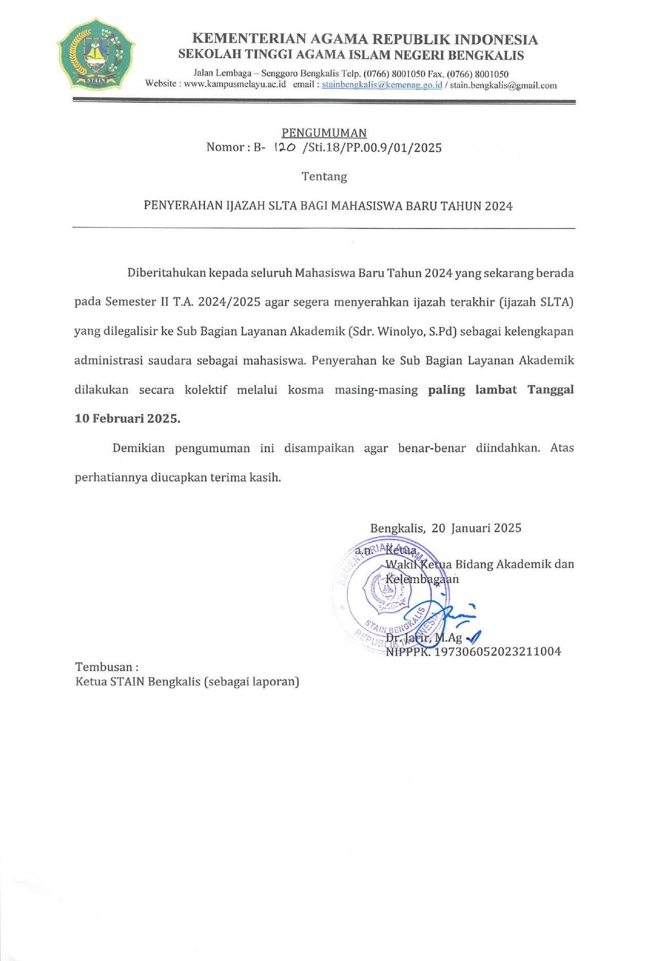 Penyerahan Ijazah SLTA Bagi Mahasiswa Baru Tahun 2024