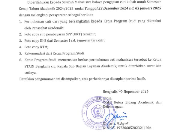 Pengajuan Cuti Kuliah Semester Genap T.A. 2024/2025 Pengajuan Cuti Kuliah Semester Genap T.A. 2024/2025