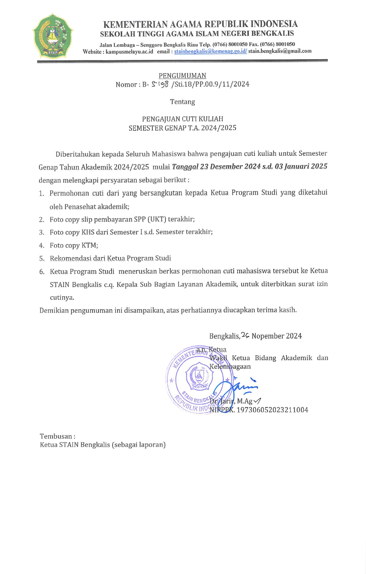 Pengajuan Cuti Kuliah Semester Genap T.A. 2024/2025