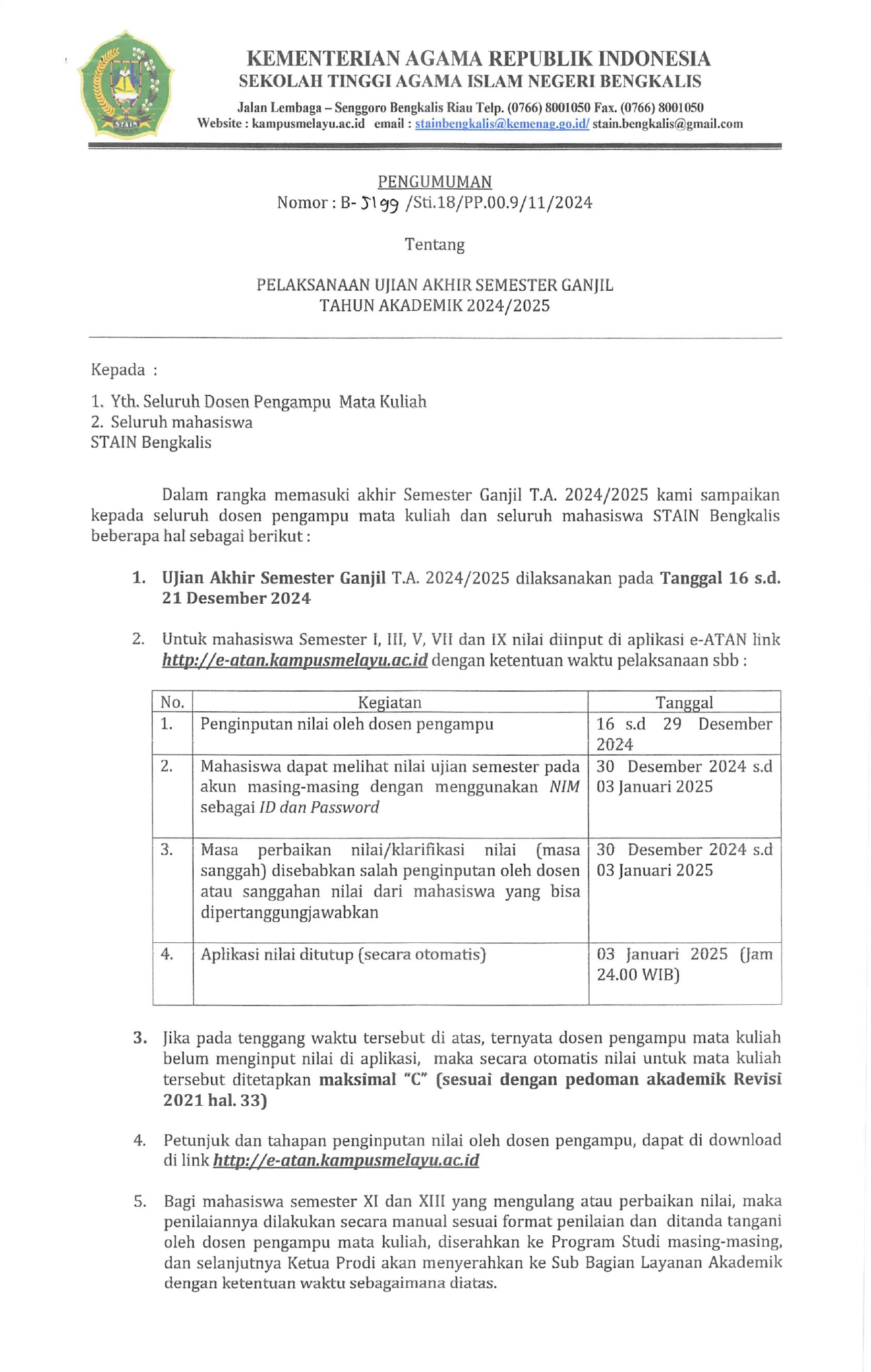 Pelaksanaan Ujian Akhir Semester Ganjil Tahun Akademik 2024/2025