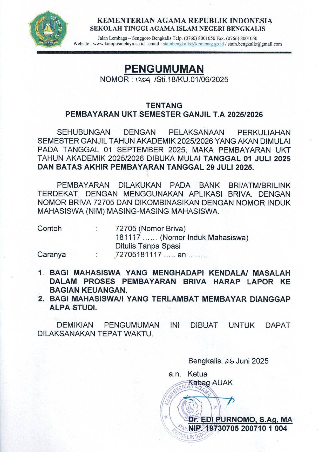Pembayaran UKT Semester Ganjil T.A 2025/2026
