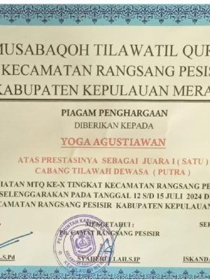 Juara 1 Cabang Tilawah Dewasa (Putra) pada MTQ Ke-X Tingkat Kecamatan Rangsang Pesisir Tahun 2024