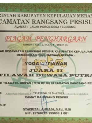 Juara III Tilawah Dewasa Putra pada MTQ Ke-IX Kecamatan Rangsang Pesisir Tahun 2023