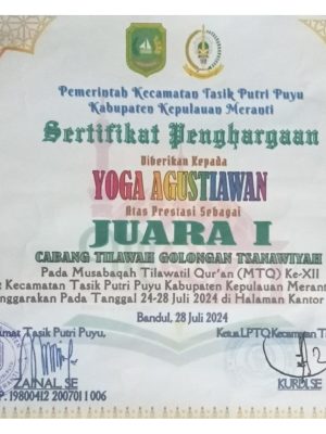 Juara 1 Cabang Tilawah Golongan Tsanawiyah pada MTQ Ke-XII Tingkat Kecamatan Tasik Putri Puyu Tahun 2024