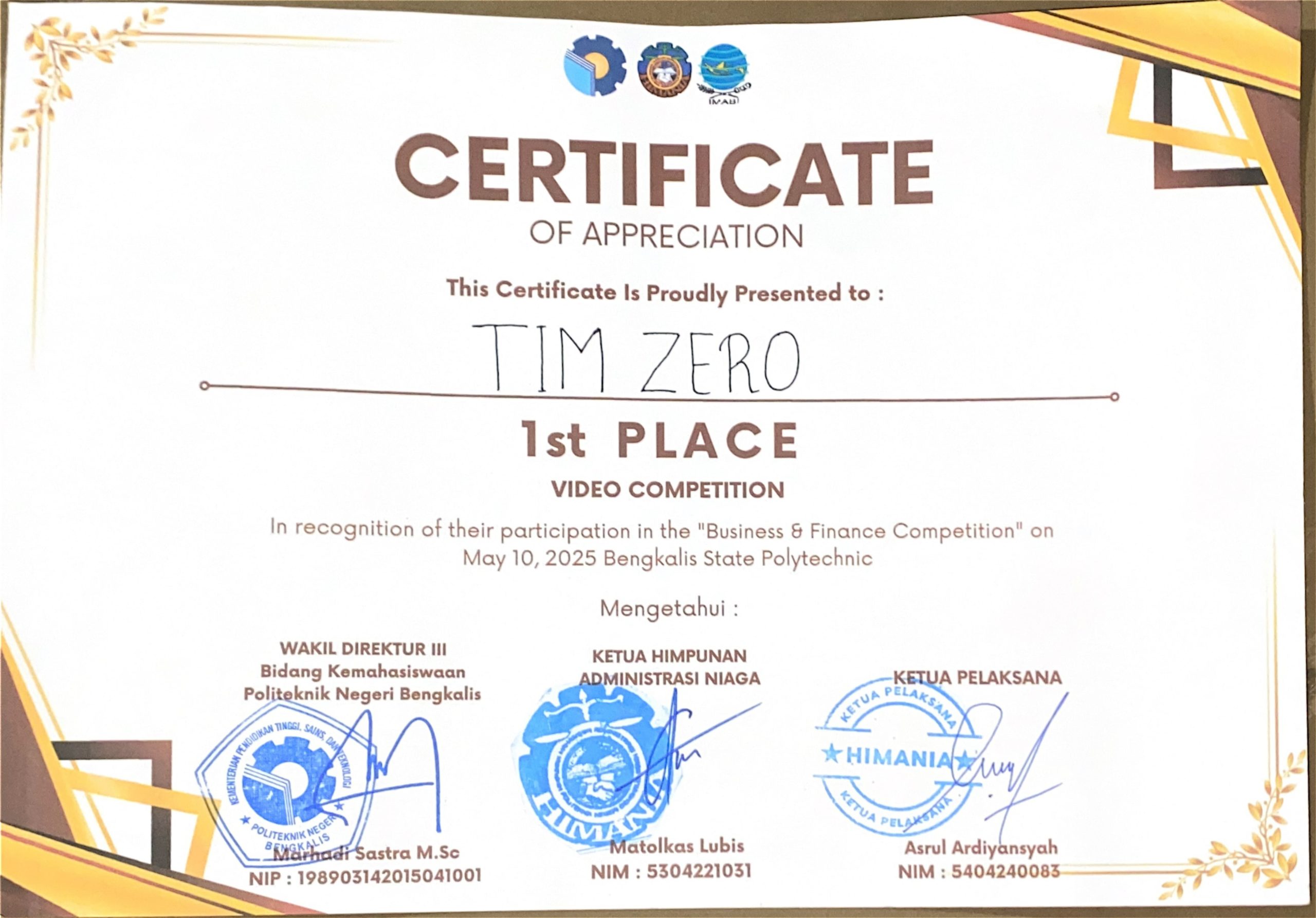 1st Place Video Competition In Recognition of their participation in the "Business & Finance Competition"