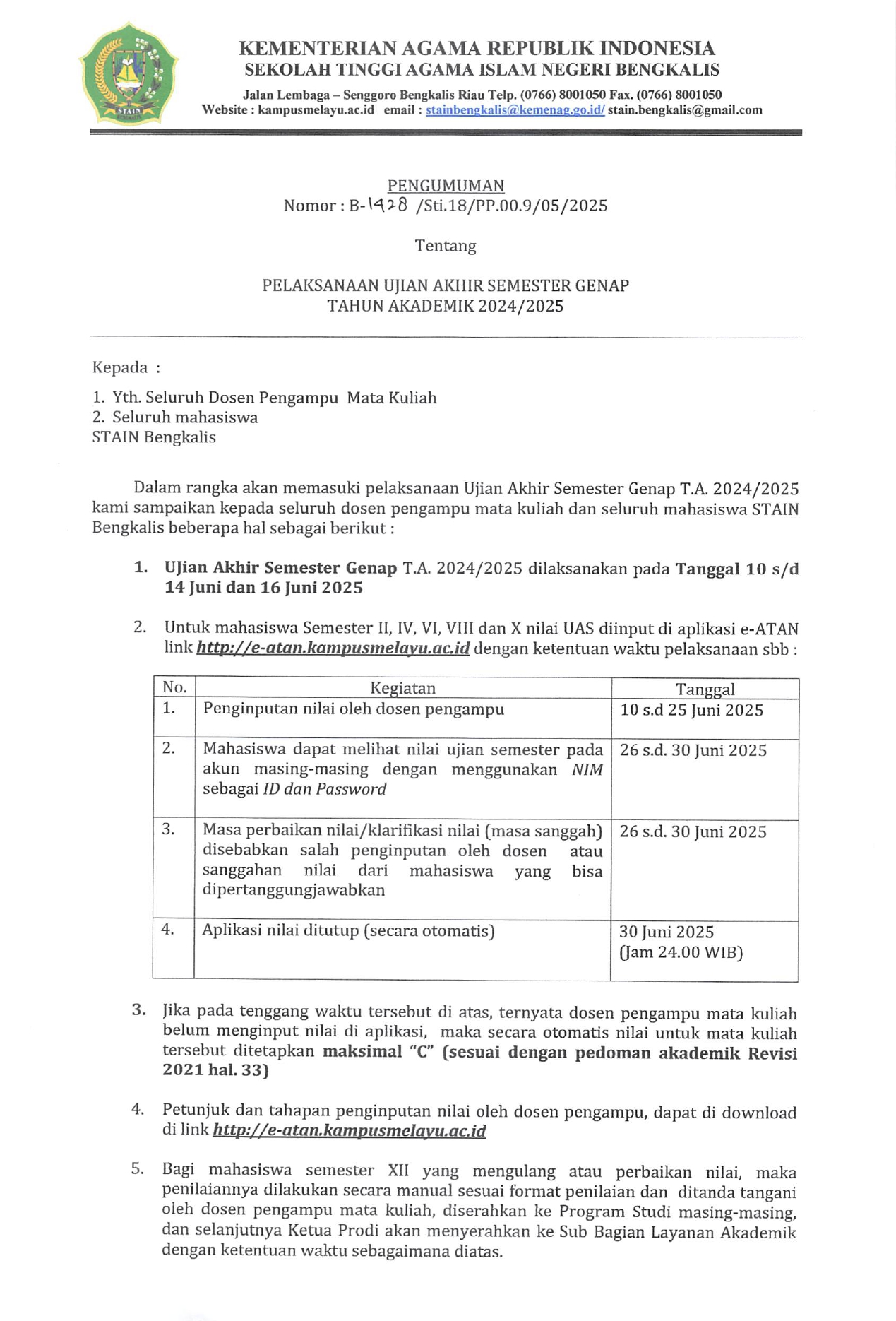 Pelaksanaan Ujian Akhir Semester Genap Tahun Akademik 2024/2025