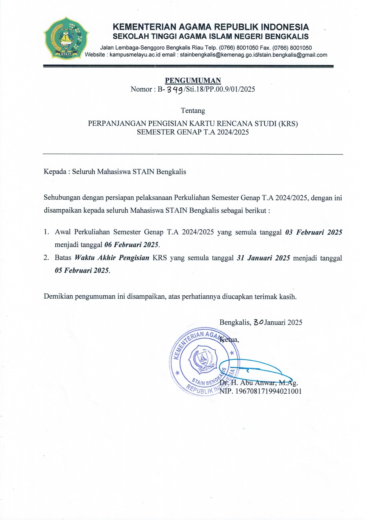 Perpanjangan Pengisian Kartu Rencana Studi (KRS) Semester Genap T.A 2024/2025